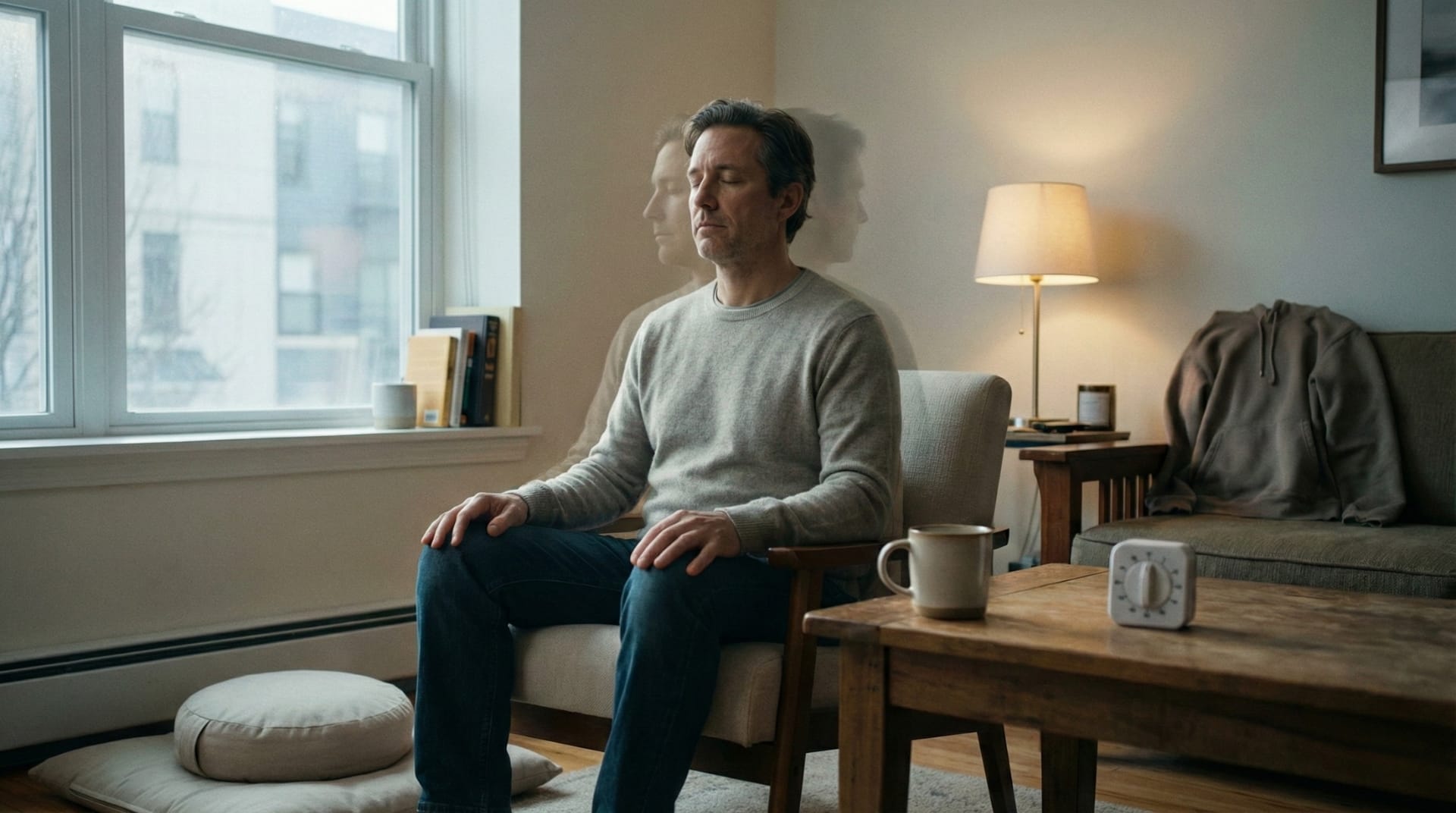 Simple meditation in everyday setting, representing accessible and demystified practice