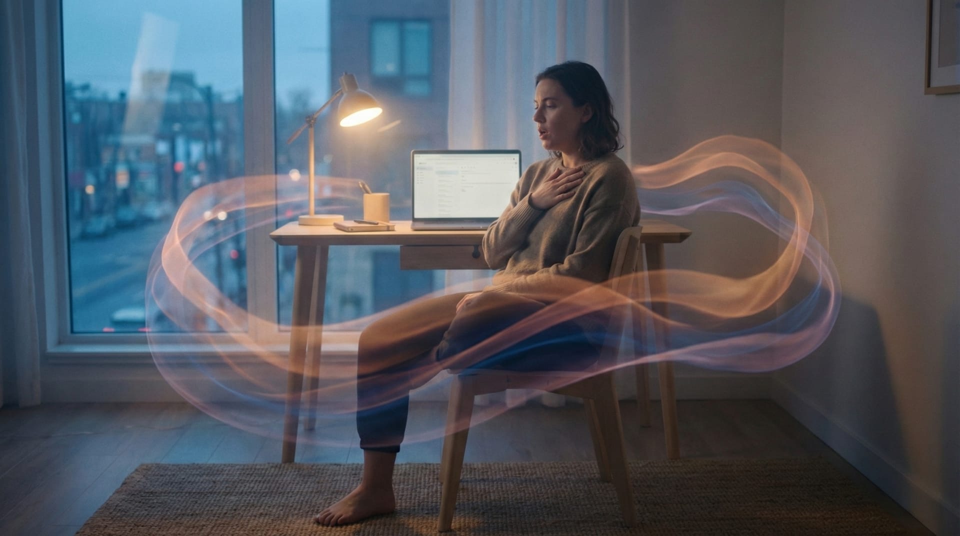 Person calmly riding a stylized wave of emotion in a home office, practicing to process feelings without suppression or rumination.