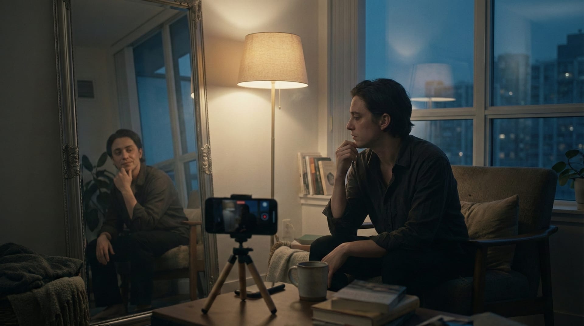 Person looking at multiple mirrors reflecting different versions of themselves, representing performance of self