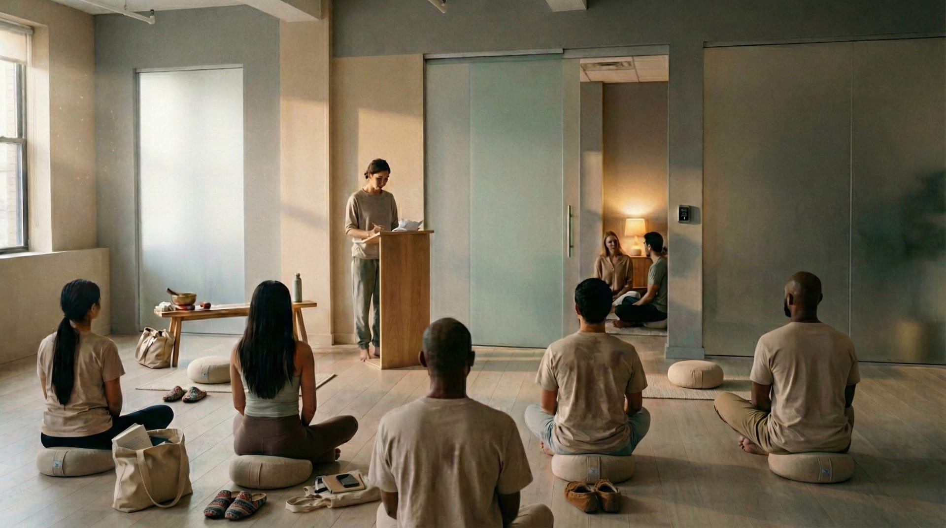 Organizational structure overlaid on meditation hall, representing hidden hierarchies in spiritual communities