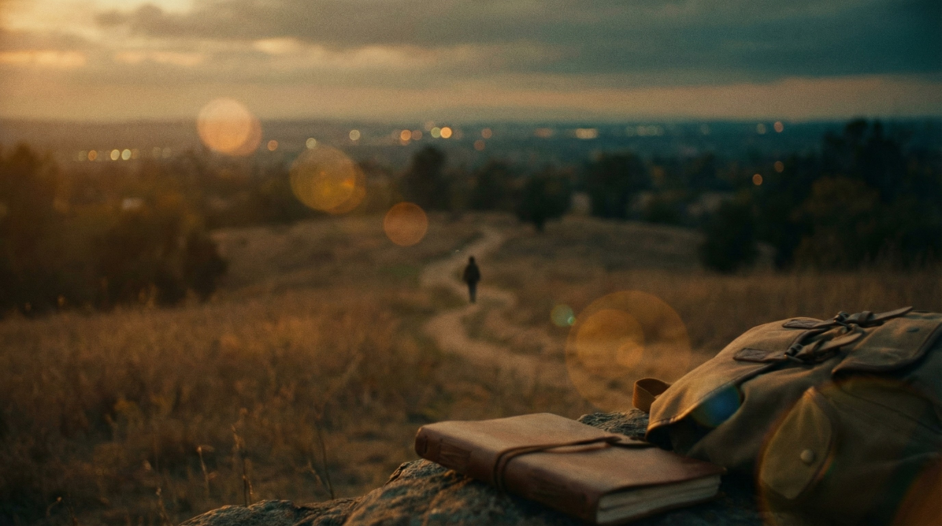 Cinematic warm intimate still of a lone silhouette walking a narrow path at sunset, visual metaphor for honest self-discovery and unconventional self-help by Soren Ross