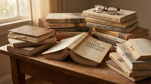 Self-help books, representing endless consumption without progress