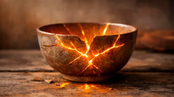 Cracked ceramic bowl with golden light through cracks, representing anger as information breaking through suppression